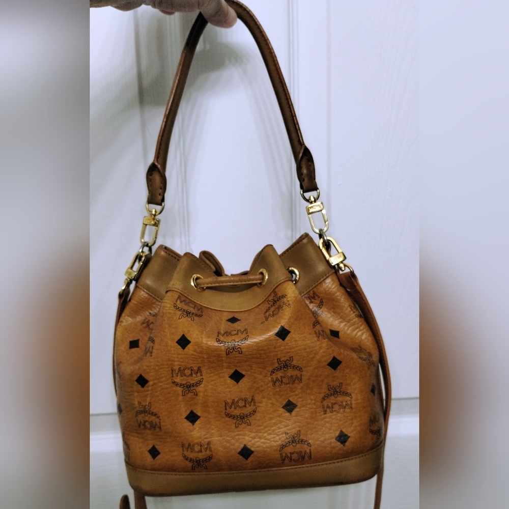 MCM Cognac Logo Drawstring Bucket Bag with Gold Hardware - Picture 3 of 12